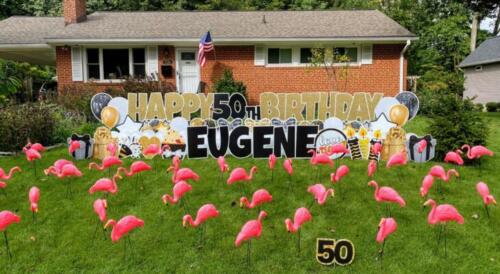 eugene birthday yard sign with flamingos burke va